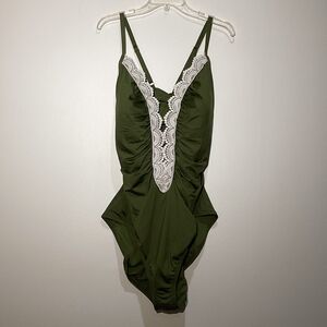 Time and Tru Olive Green Lace-Trim One-Piece